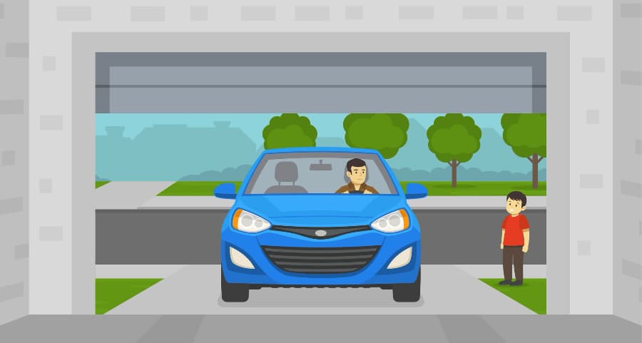 Graphic of a man driving into his garage with a child watching.